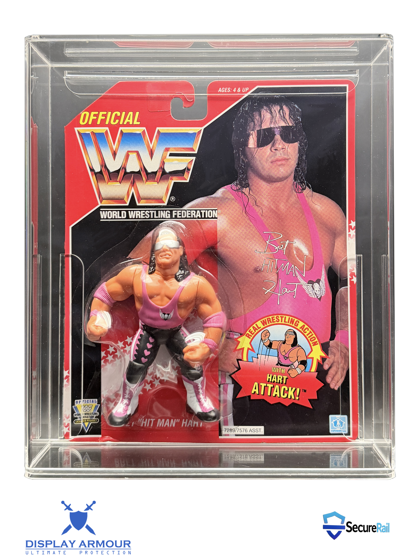 WWF Hasbro Bret Hart mint on card figure in acrylic display case front view.