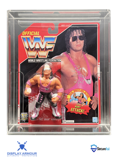 WWF Hasbro Bret Hart mint on card figure in acrylic display case front view.