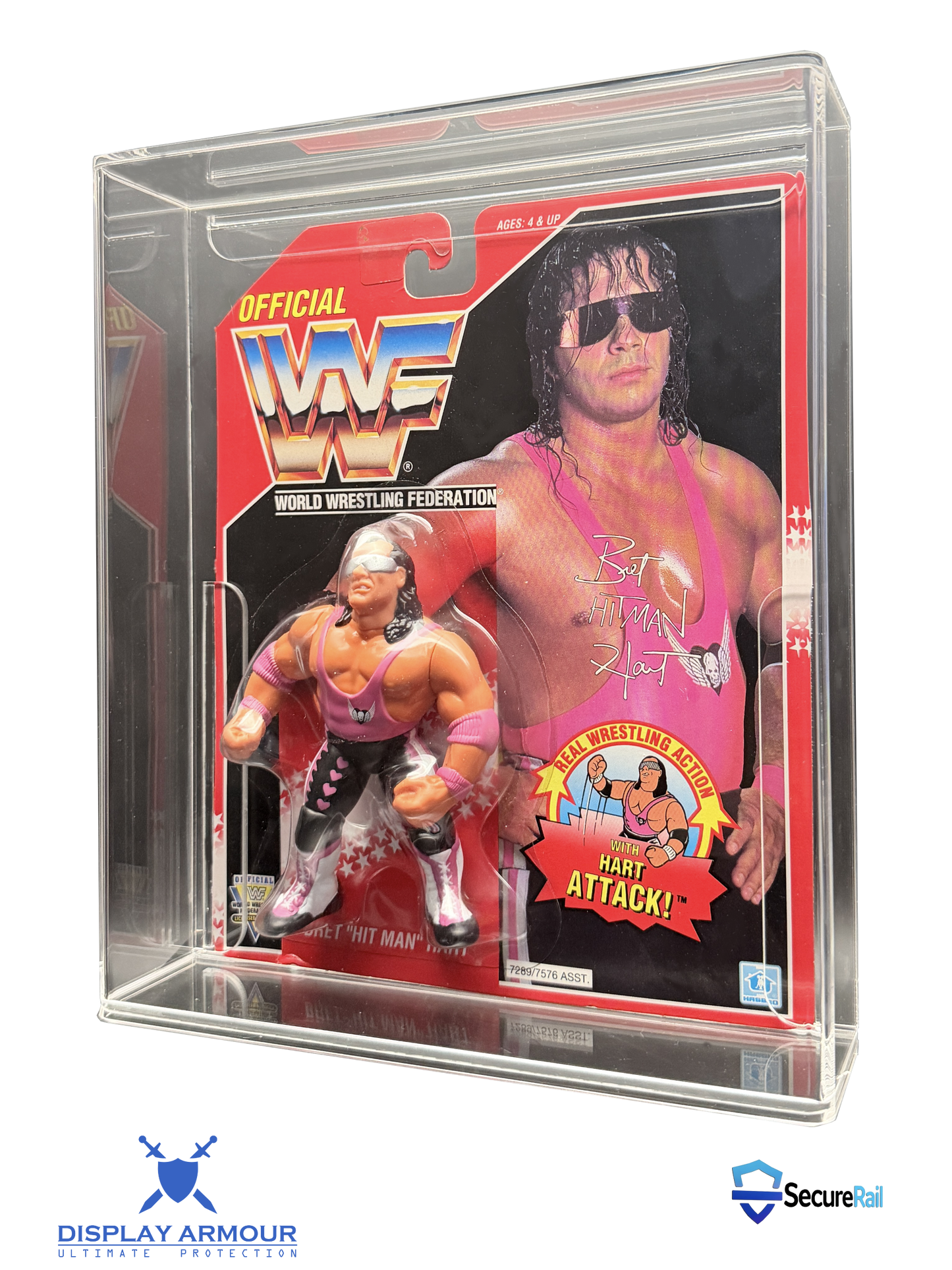WWF Hasbro Bret Hart mint on card figure in acrylic display case side angle view.