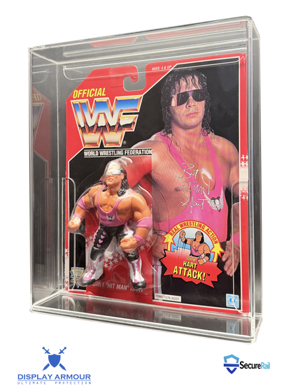 WWF Hasbro Bret Hart mint on card figure in acrylic display case side angle view.