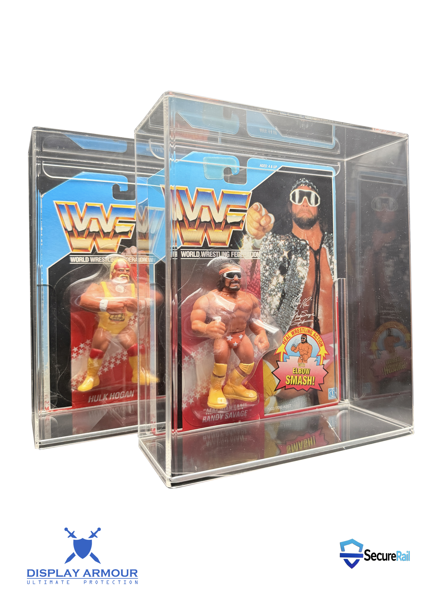 WWF Hasbro Macho Man and Hulk Hogan figures displayed together in acrylic cases.