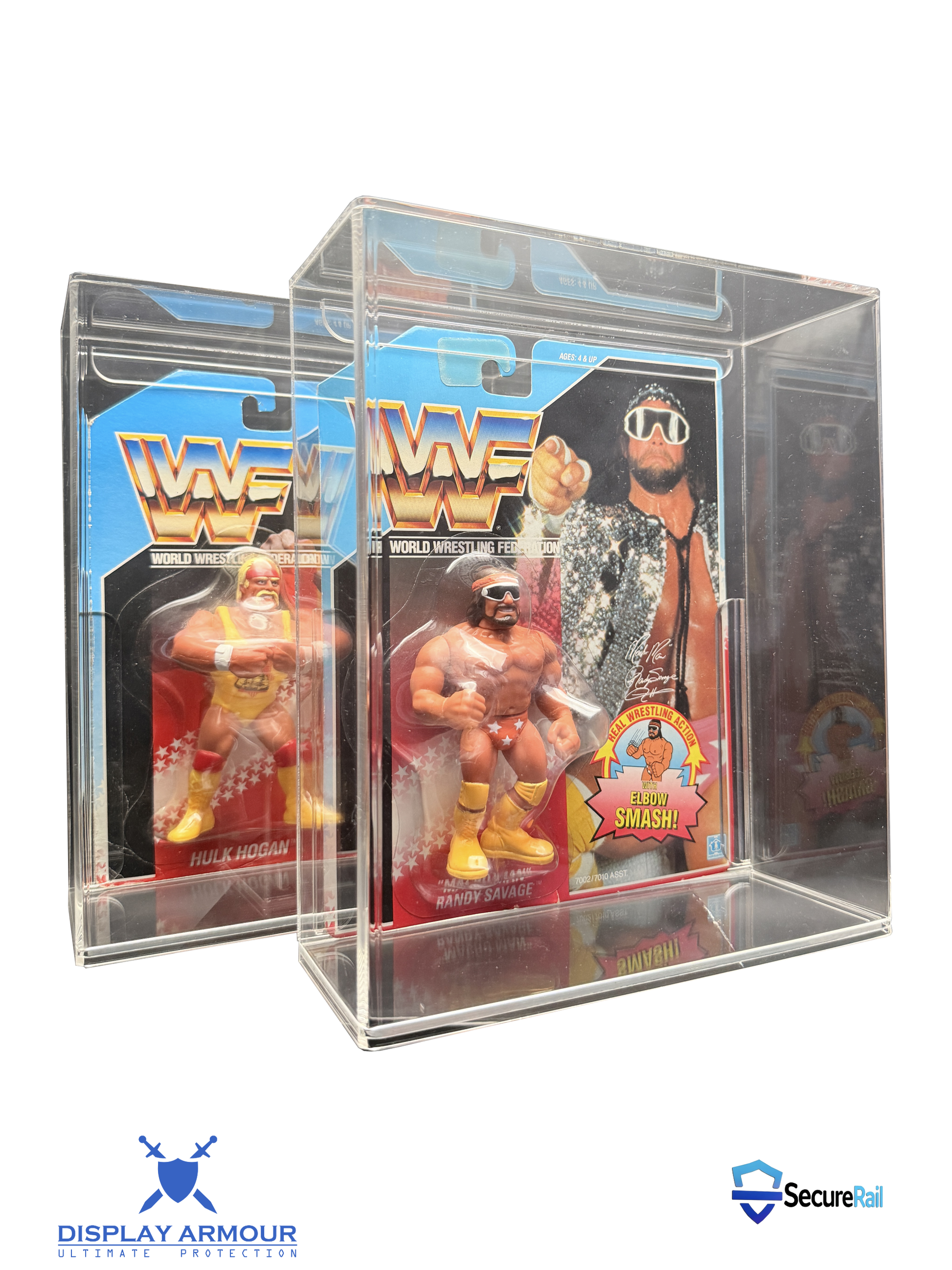 WWF Hasbro Macho Man and Hulk Hogan figures displayed together in acrylic cases.