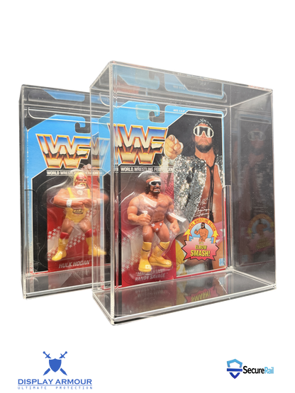 WWF Hasbro Macho Man and Hulk Hogan figures displayed together in acrylic cases.