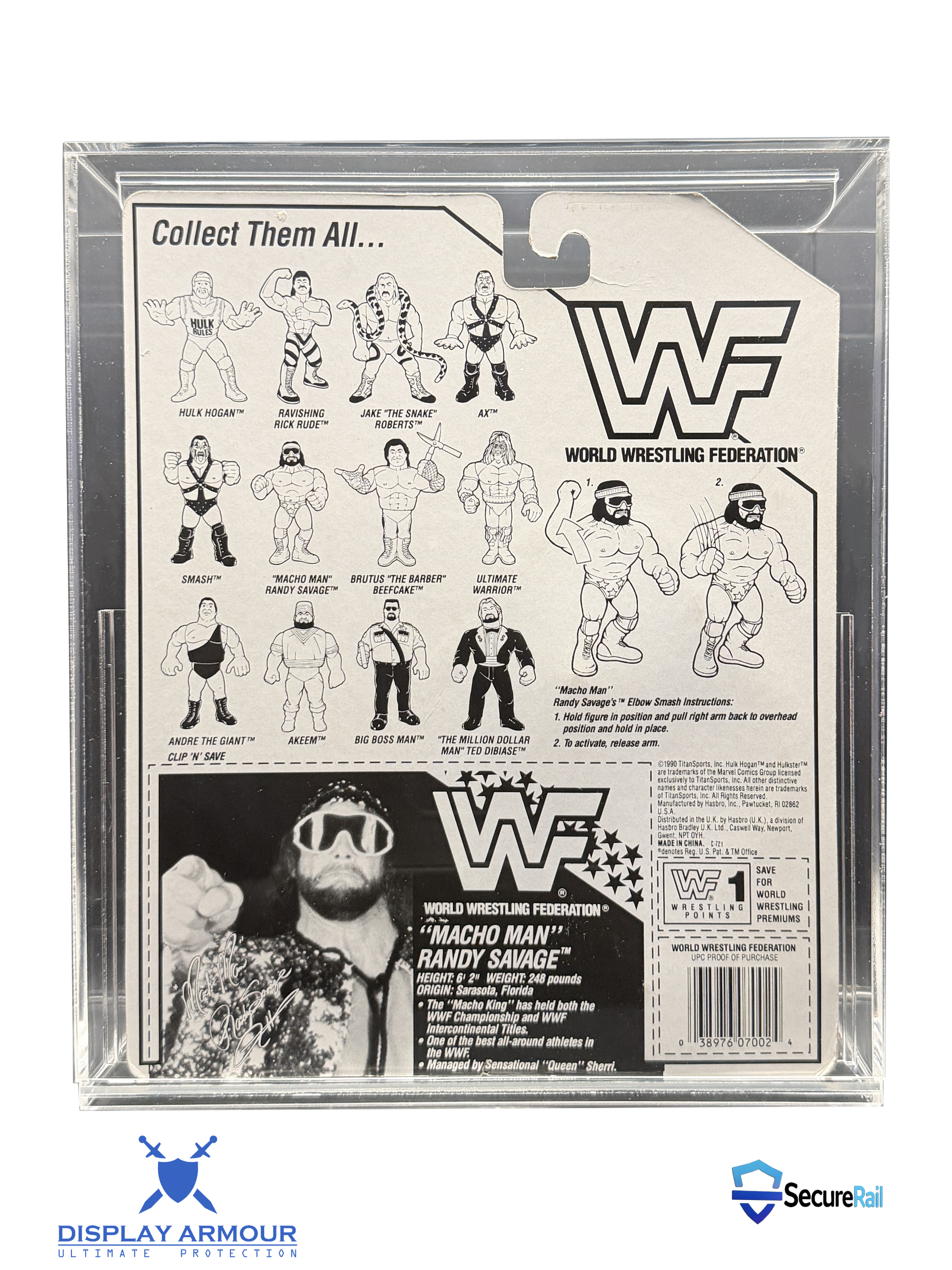 WWF Hasbro Macho Man mint on card figure rear cardback in acrylic display case.