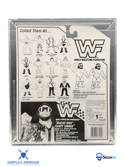 WWF Hasbro Macho Man mint on card figure rear cardback in acrylic display case.