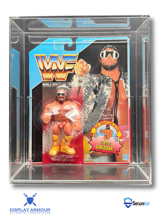 WWF Hasbro Macho Man Randy Savage figure in acrylic display case front view.