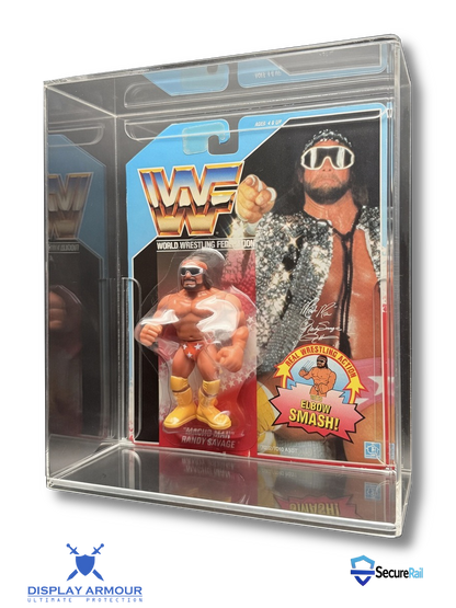 WWF Hasbro Macho Man Randy Savage figure in acrylic display case side angle view.