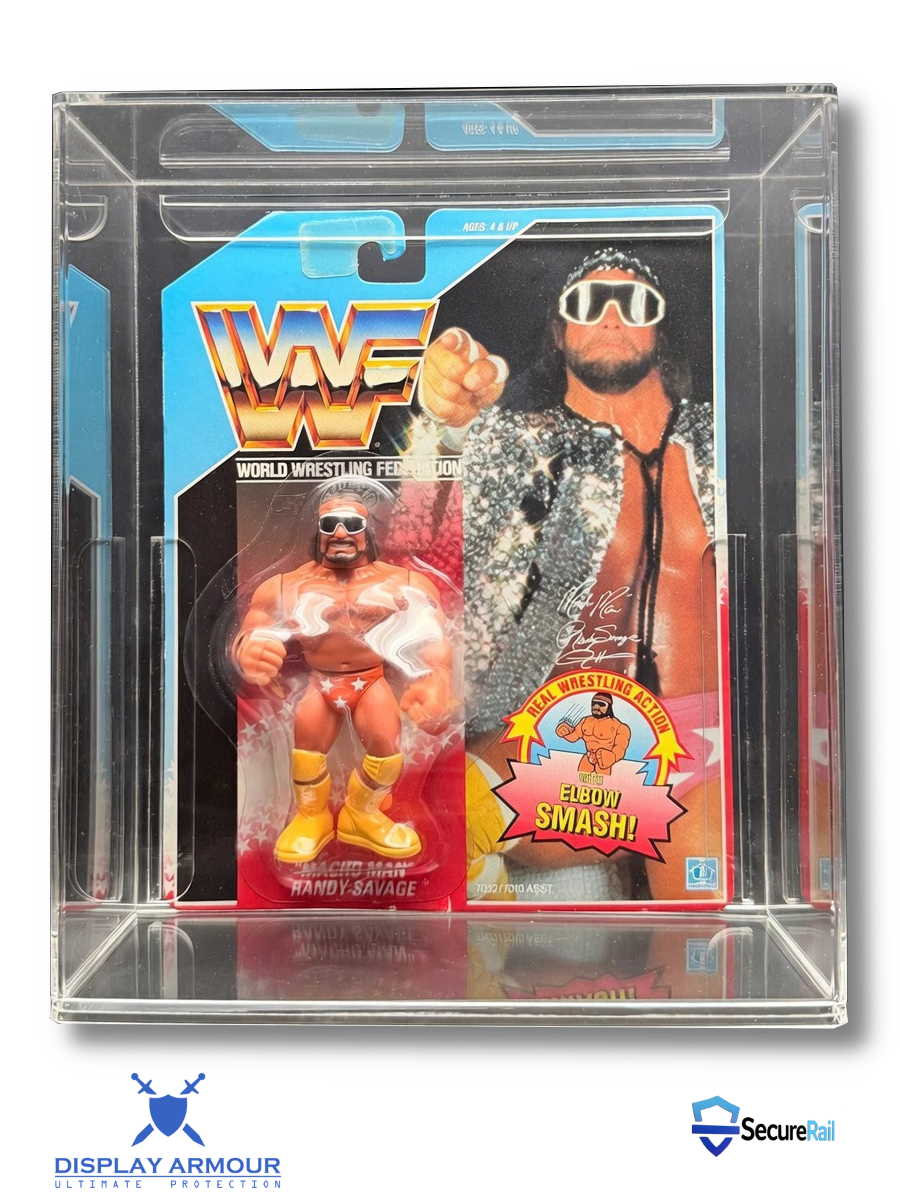 Display Armour WWF Hasbro Deep Bubble acrylic display case with Randy Savage 1990–1994 WWF Hasbro mint-on-card action figure