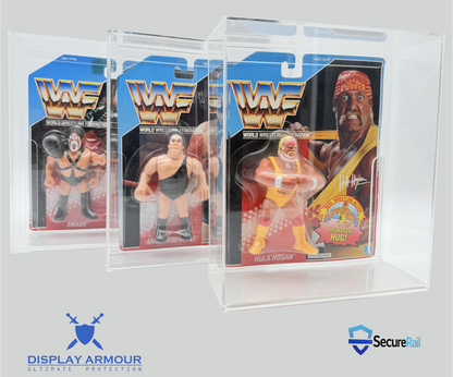 WWF Hasbro Hulk Hogan Andre and Demolition mint on card action figures in premium UV acrylic display cases with SecureRail system by Display Armour