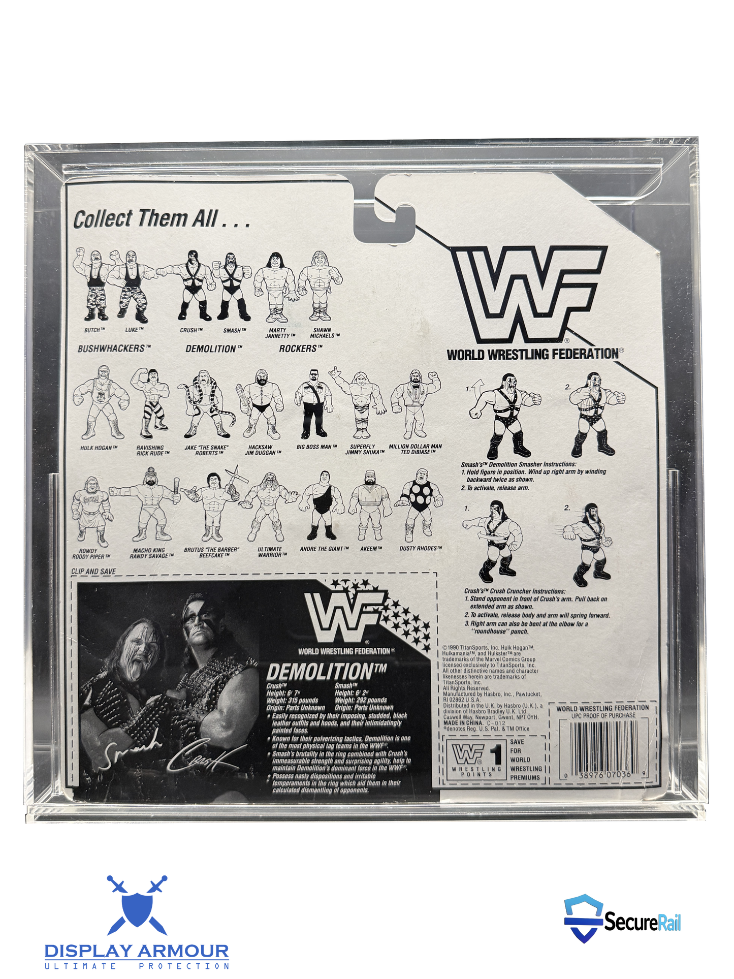 WWF Hasbro tag team mint on card figures rear cardback in acrylic display case.