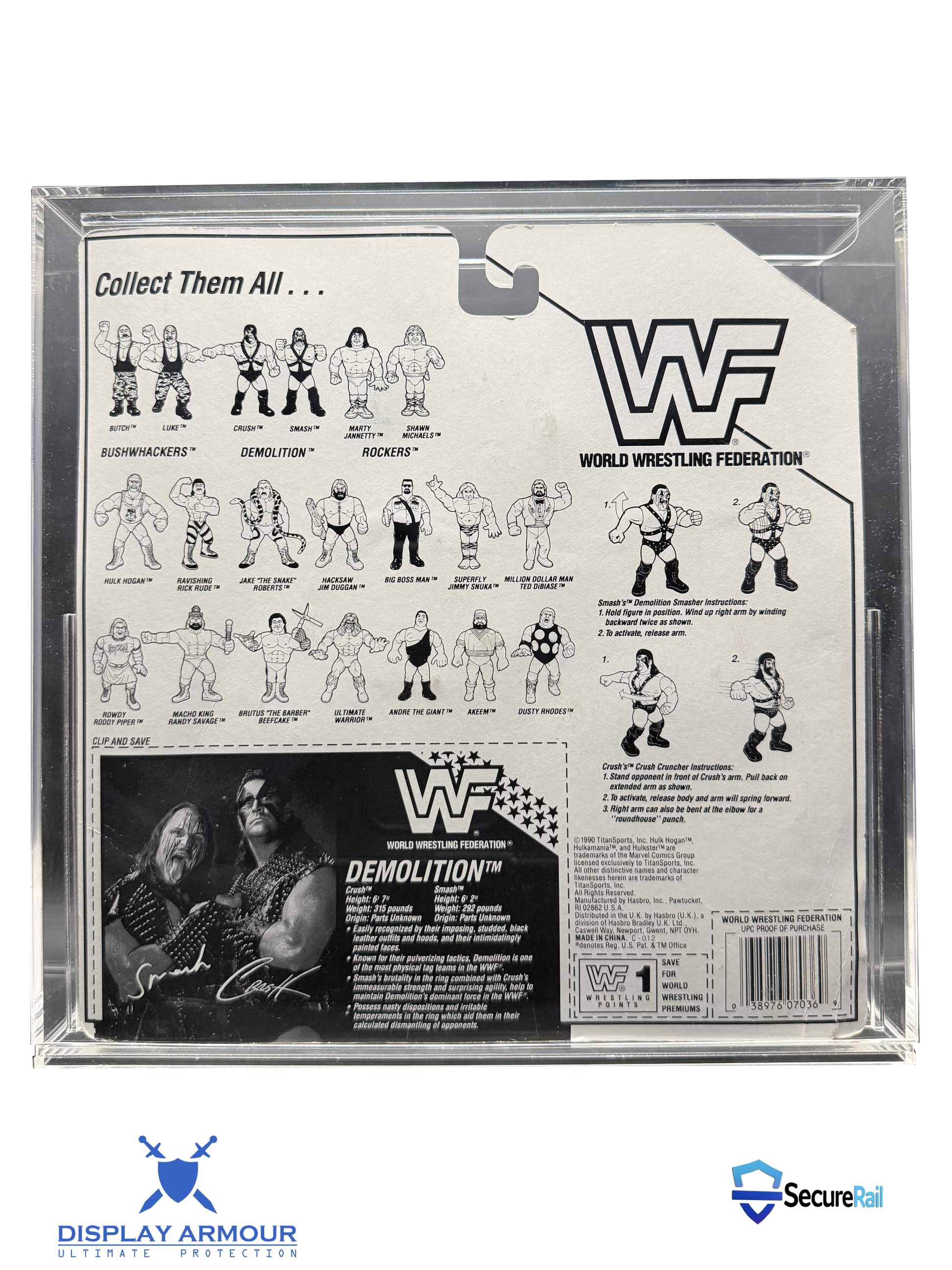 WWF Hasbro tag team mint on card figures rear cardback in acrylic display case.