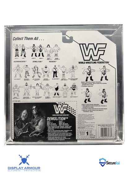 WWF Hasbro tag team mint on card figures rear cardback in acrylic display case.
