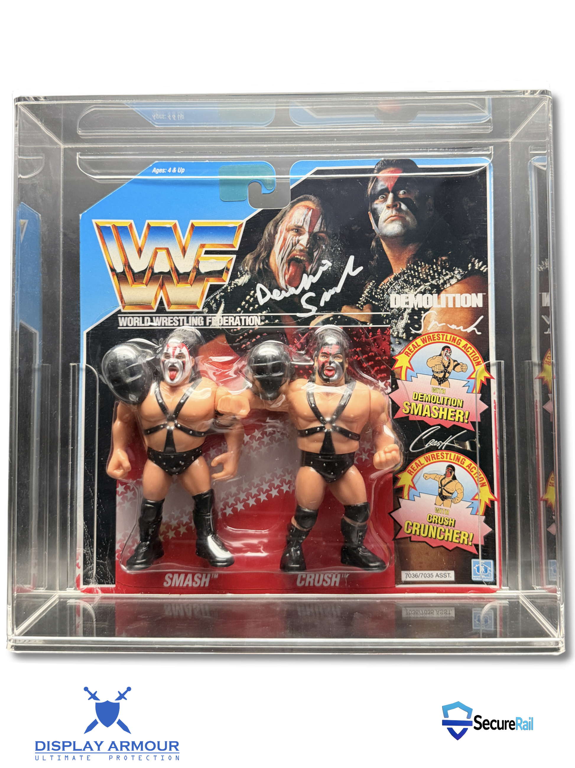 WWF Hasbro tag team mint on card figures front view in acrylic display case.