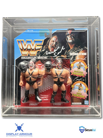 WWF Hasbro tag team mint on card figures front view in acrylic display case.
