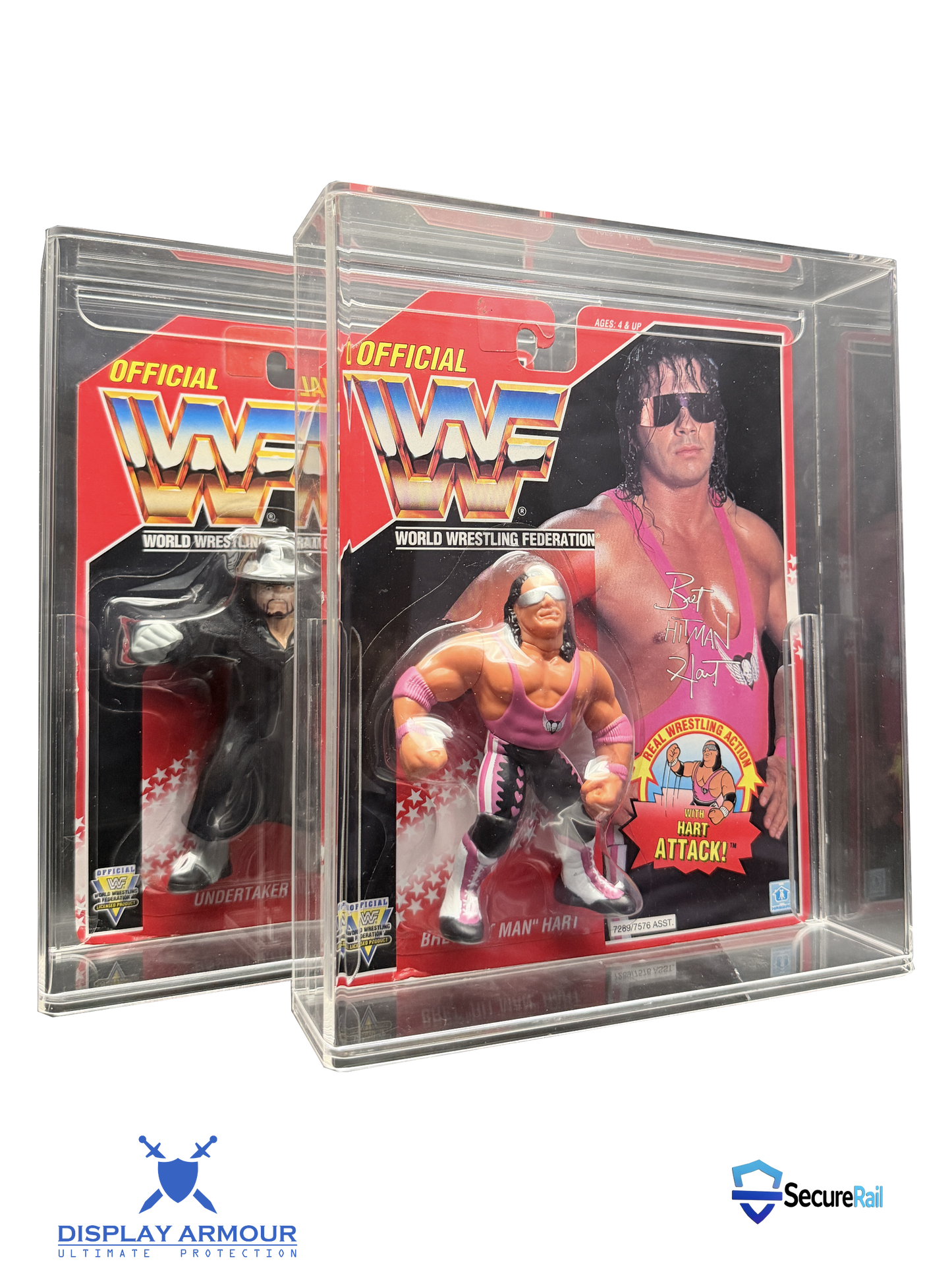 WWF Hasbro Undertaker and Bret Hart mint on card figures displayed in acrylic cases.