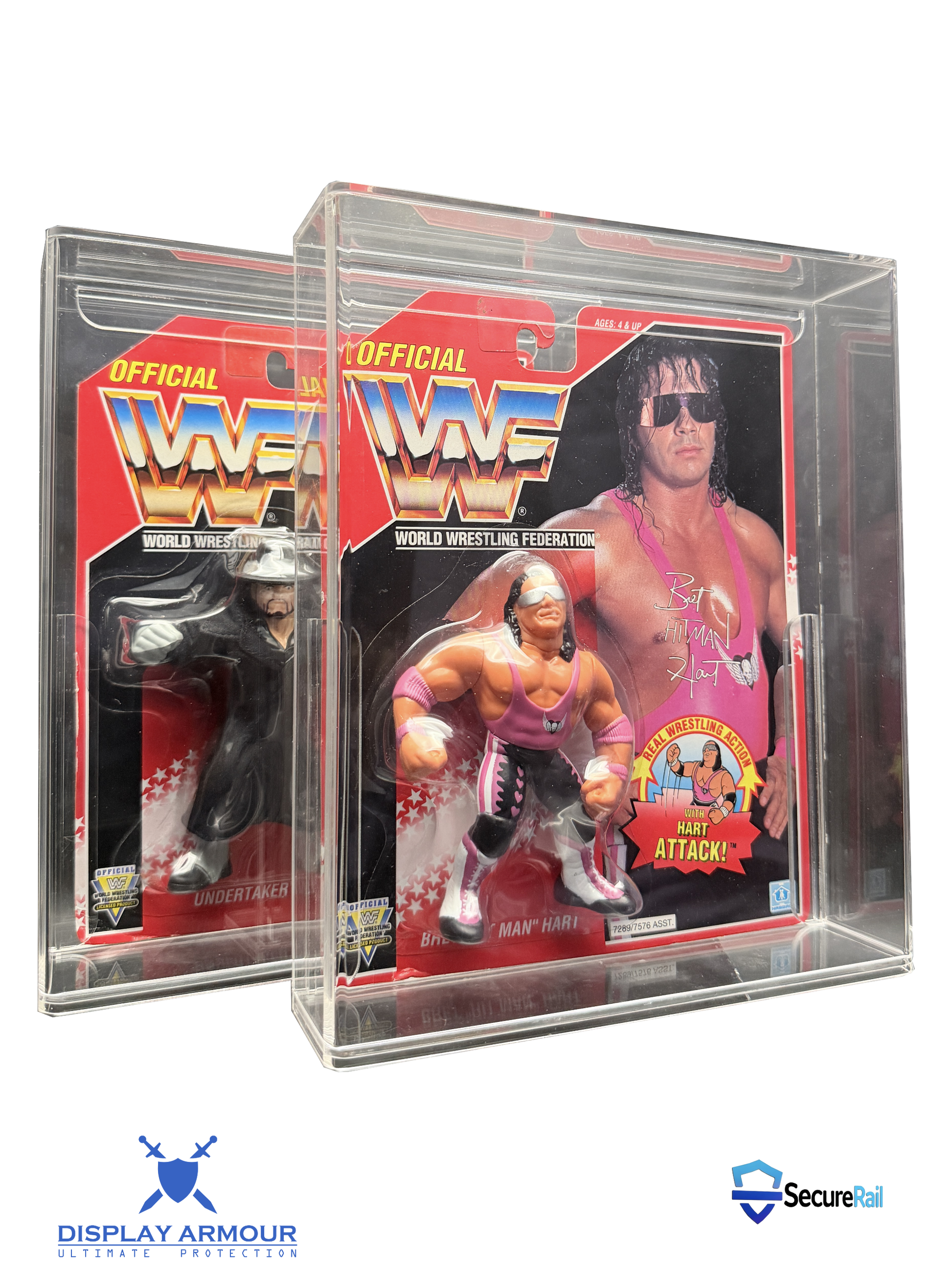 WWF Hasbro Undertaker and Bret Hart mint on card figures displayed in acrylic cases.