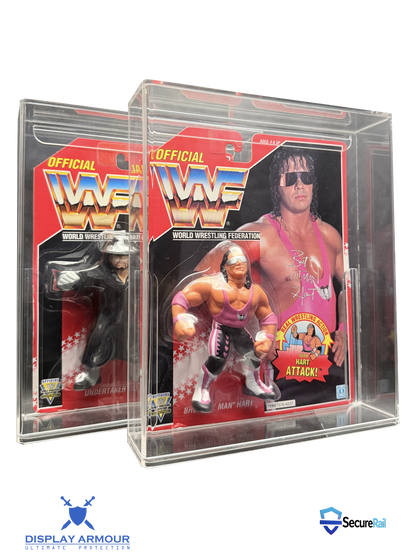 WWF Hasbro Undertaker and Bret Hart mint on card figures displayed in acrylic cases.
