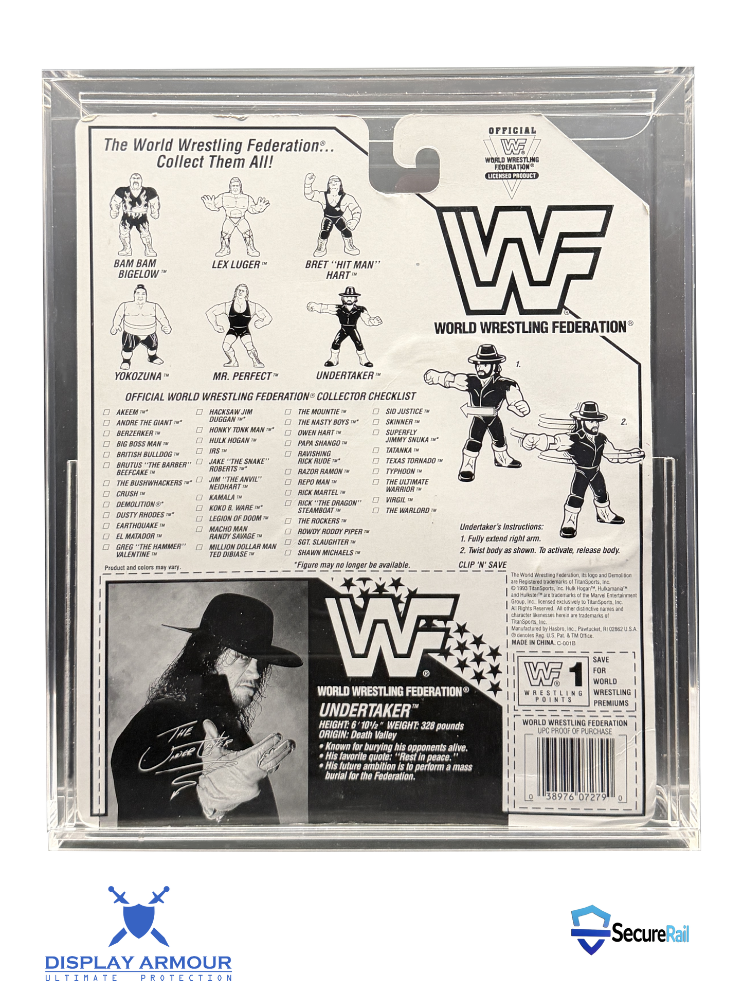 WWF Hasbro Undertaker mint on card figure rear cardback in acrylic display case.