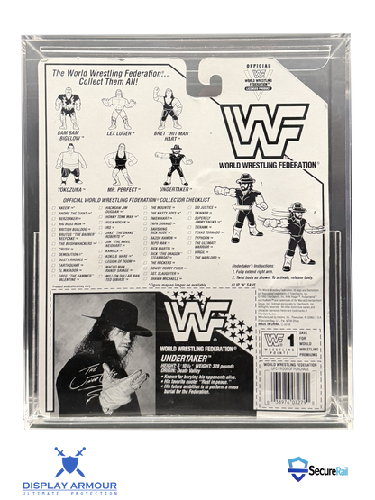 WWF Hasbro Undertaker mint on card figure rear cardback in acrylic display case.