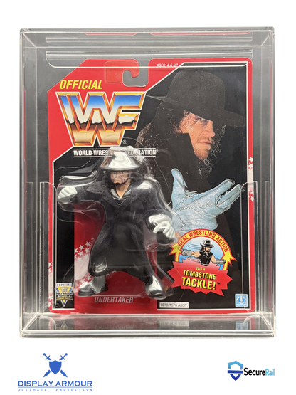WWF Hasbro Undertaker mint on card figure in acrylic display case front view.