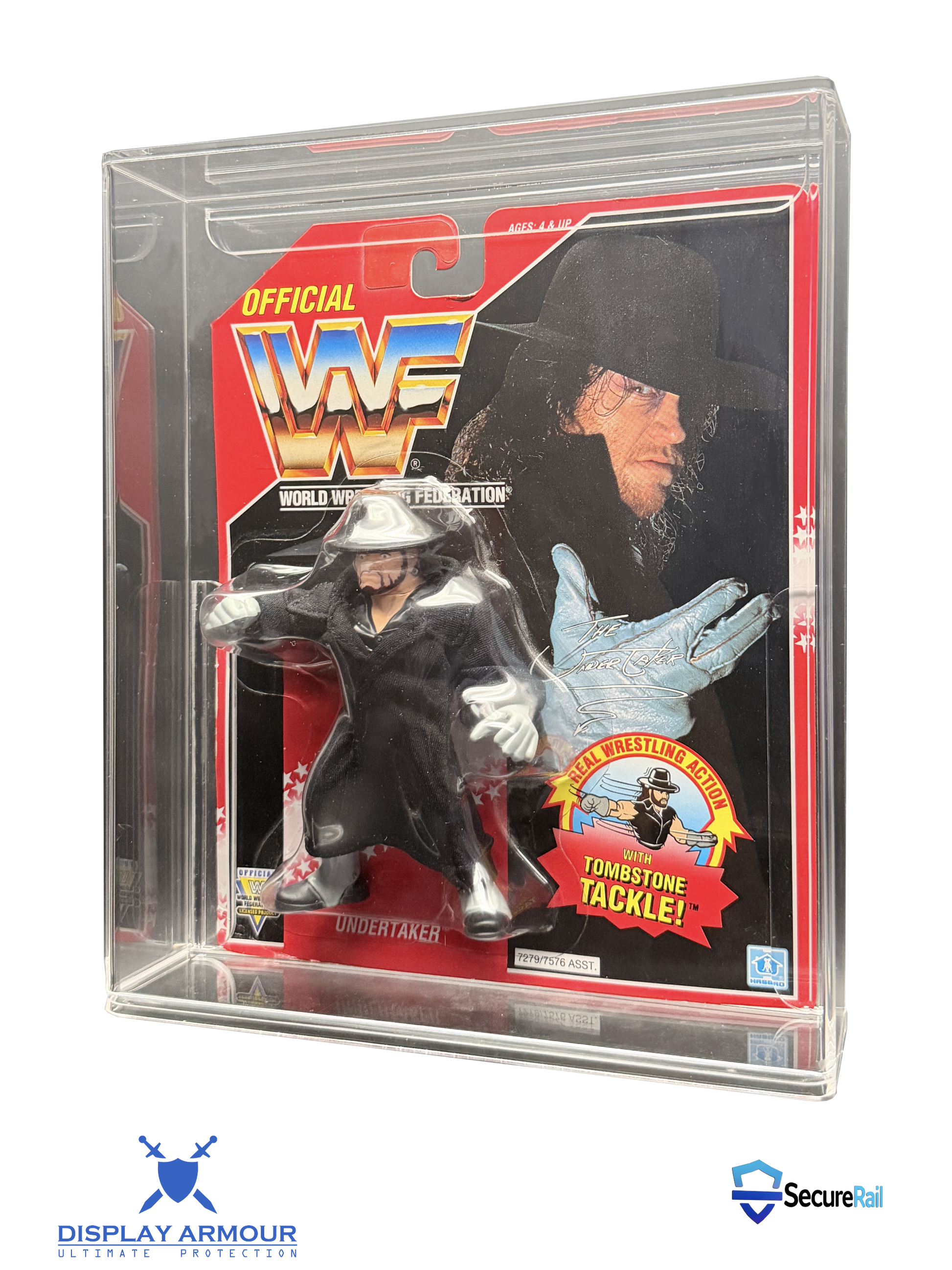 WWF Hasbro Undertaker mint on card figure in acrylic display case side angle view.
