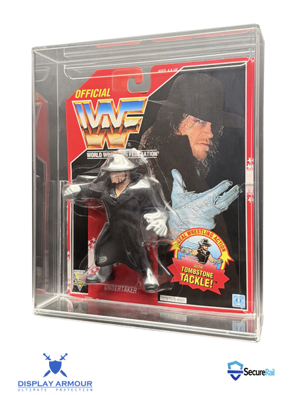 WWF Hasbro Undertaker mint on card figure in acrylic display case side angle view.