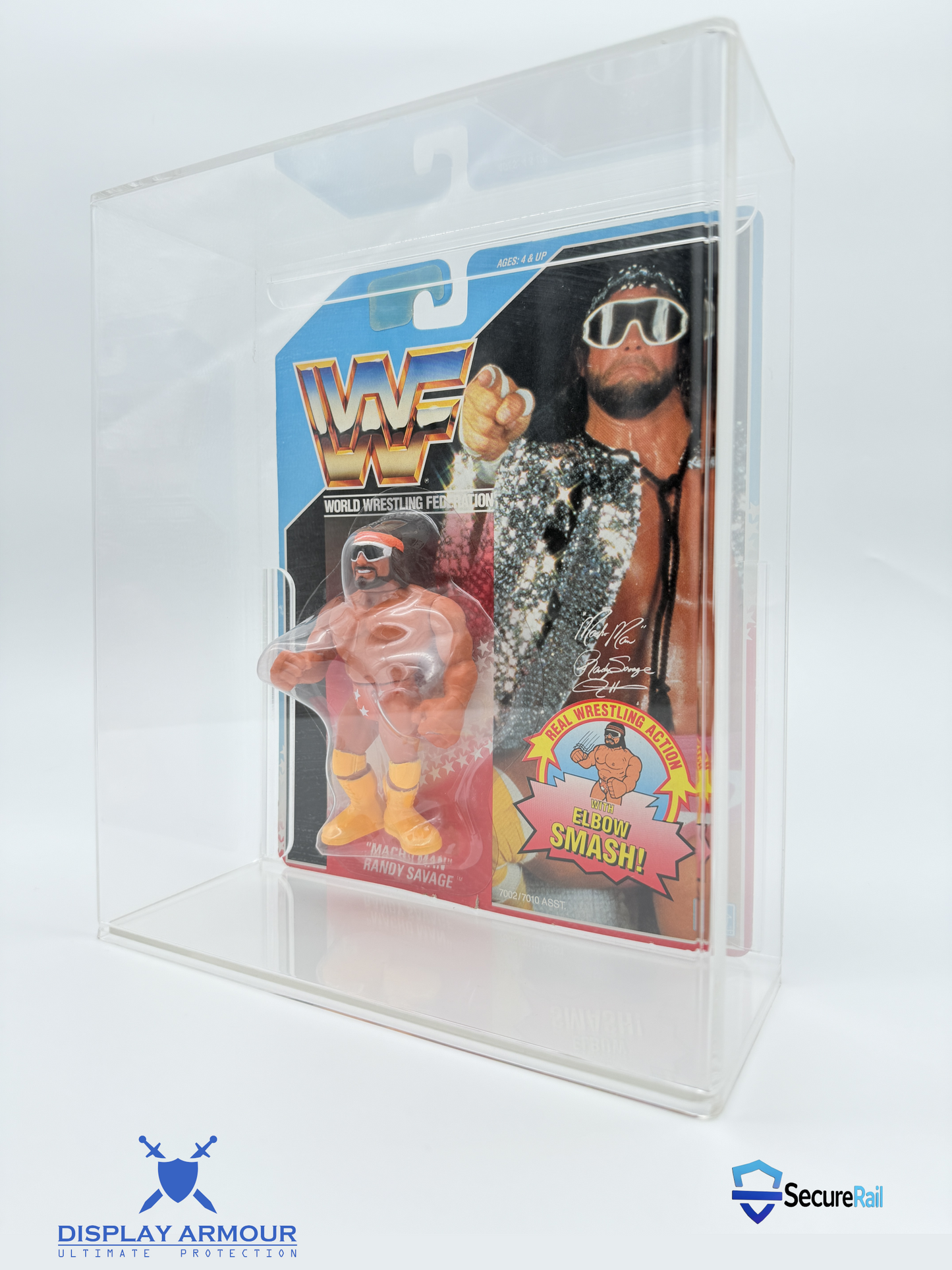 WWF Hasbro Randy Savage MOC figure inside acrylic display case with slide panel front by Display Armour
