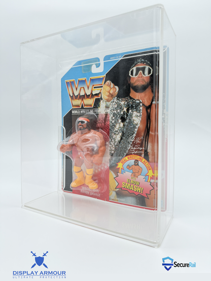WWF Hasbro Randy Savage MOC figure inside acrylic display case with slide panel front by Display Armour
