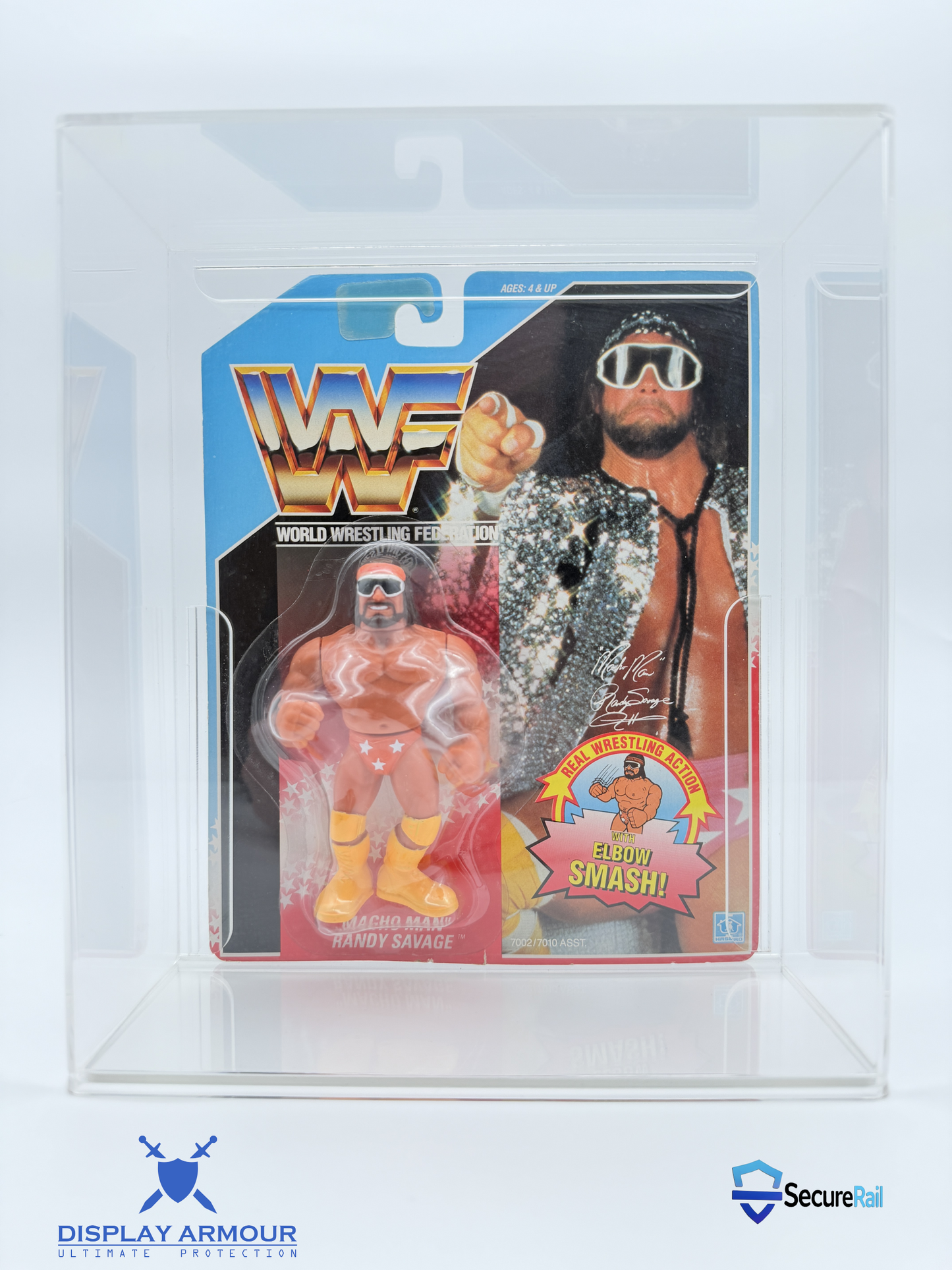 WWF Hasbro Randy Savage MOC figure inside acrylic display case with slide panel front by Display Armour