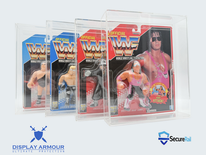 WWF Hasbro single MOC figures in clear acrylic slide panel display cases by Display Armour

