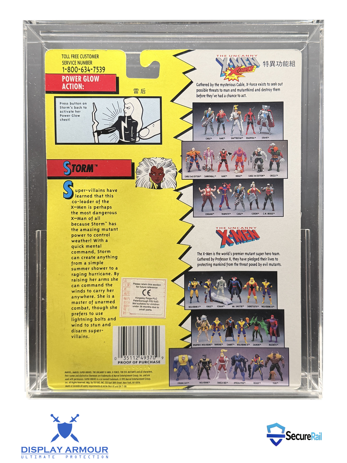 X-Men mint on card figure rear cardback in acrylic display case.